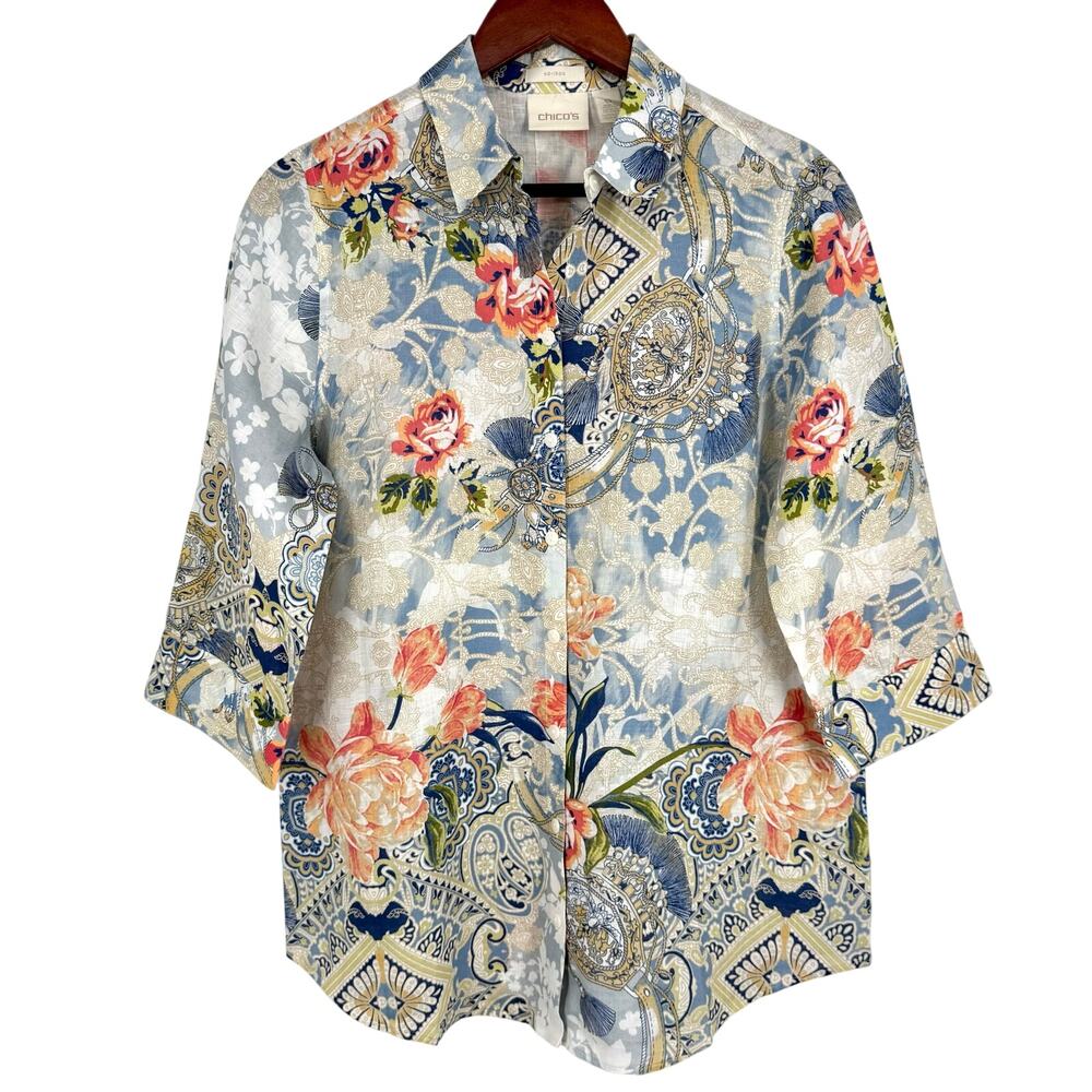 NEW NWOT Chicos 100% Linen Sz SMALL US4/6 0 Tropical Blouse Shirt Top Artsy